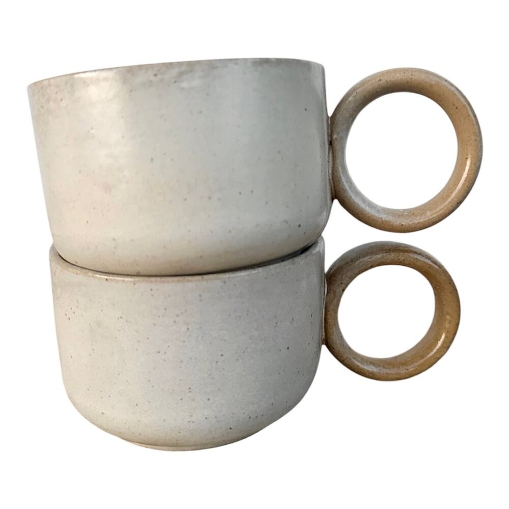 Set/2 vintage pottery mugs unique cute round handles petite coffee tea cups gift